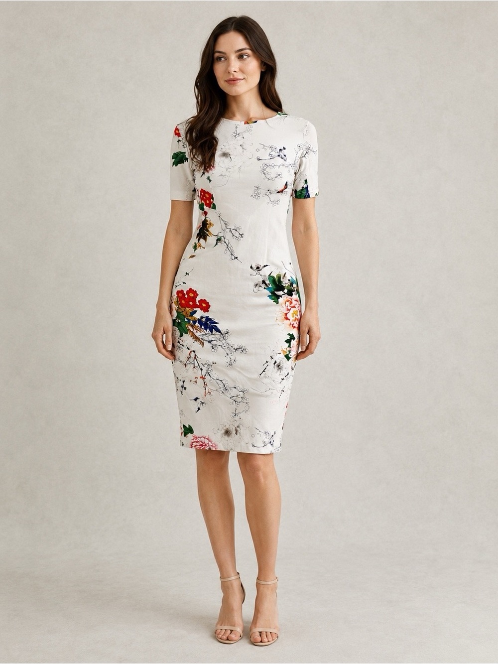 Ivory Floral Stretch Fitted Sheath Short Sleeve Midi Dress XS